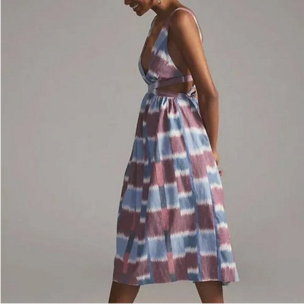 Anthropologie S NWT Deep-V Midi Dress Watercolor Blue Motif 80$ Boho Small - Picture 3 of 5
